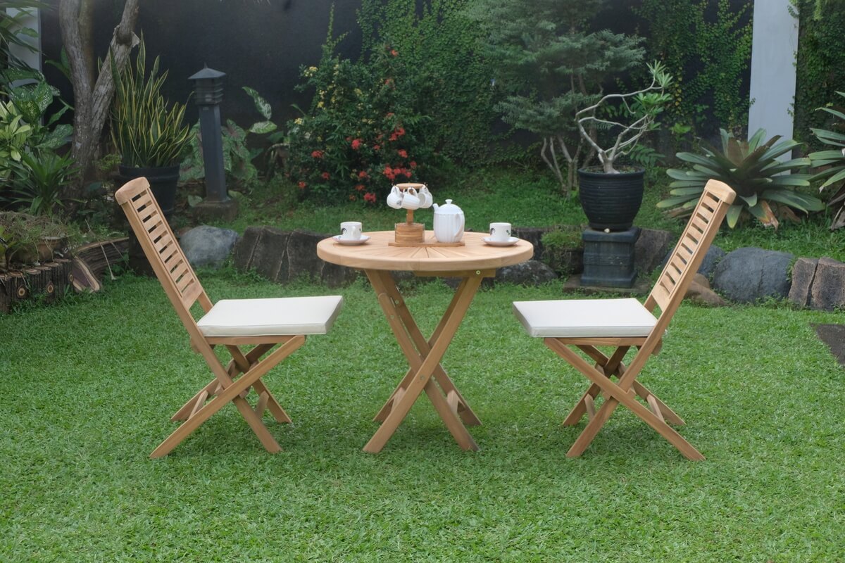 Teak Sunburst Folding Table 80cm (4cm Thick Top) with Hanton Folding Chair  (Garden / Outdoor Dining Set)