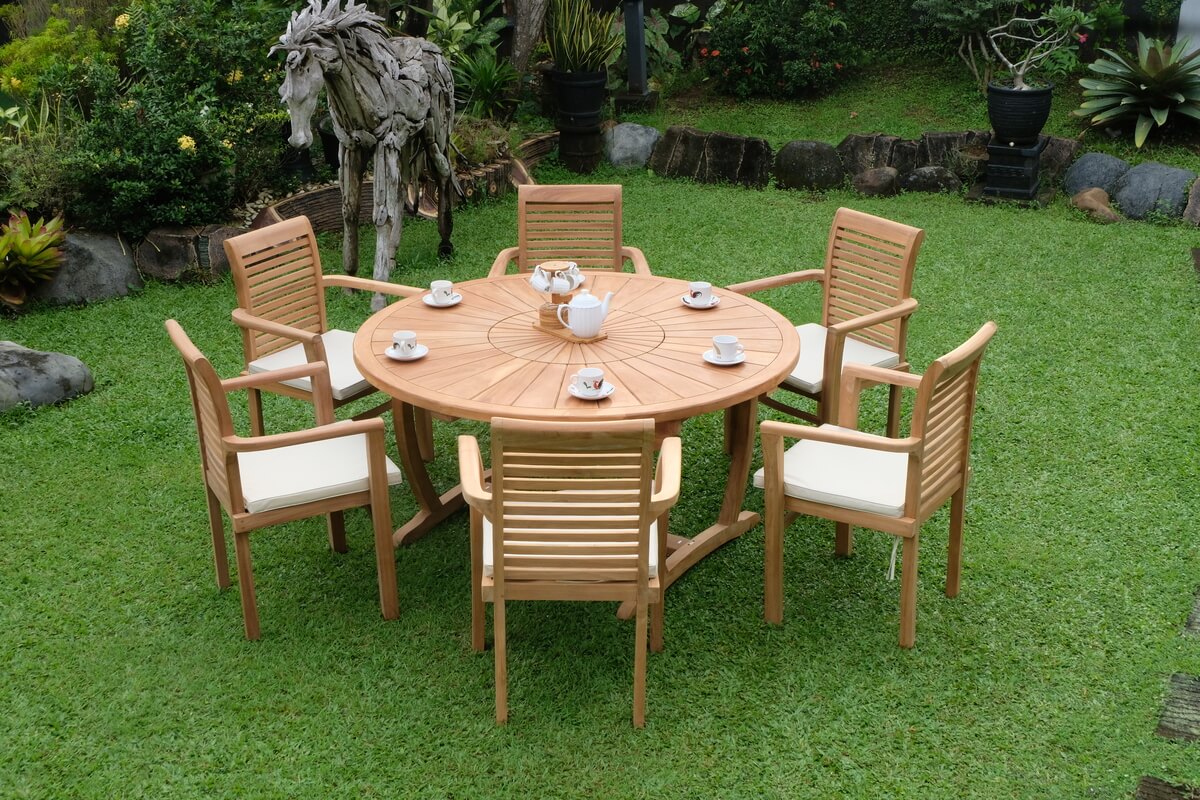 Teak Sunburst Round Table 150cm (4cm Thick Top) with Belgrave Stacking Chair  (Garden / Outdoor Dining Set)