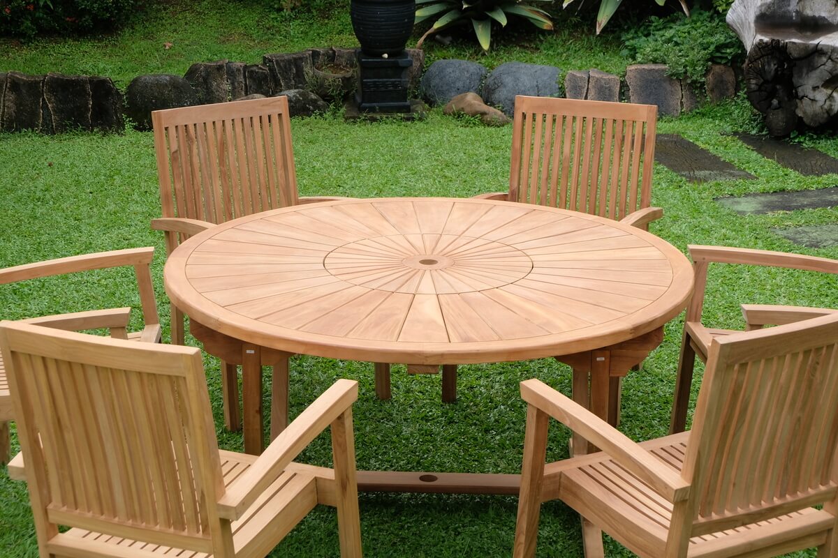 Teak Sunburst Round Table 150cm (4cm Thick Top) with Burnham Stacking Chair (Garden / Outdoor Dining Set)