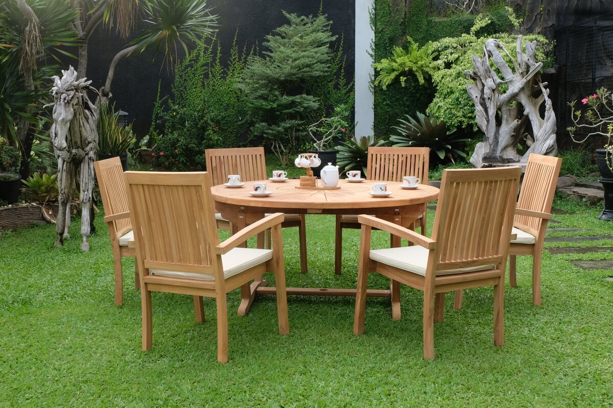 Teak Sunburst Round Table 150cm (4cm Thick Top) with Burnham Stacking Chair (Garden / Outdoor Dining Set)