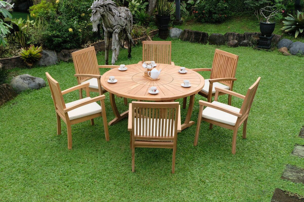 Teak Sunburst Round Table 150cm (4cm Thick Top) with Burnham Stacking Chair  (Garden / Outdoor Dining Set)