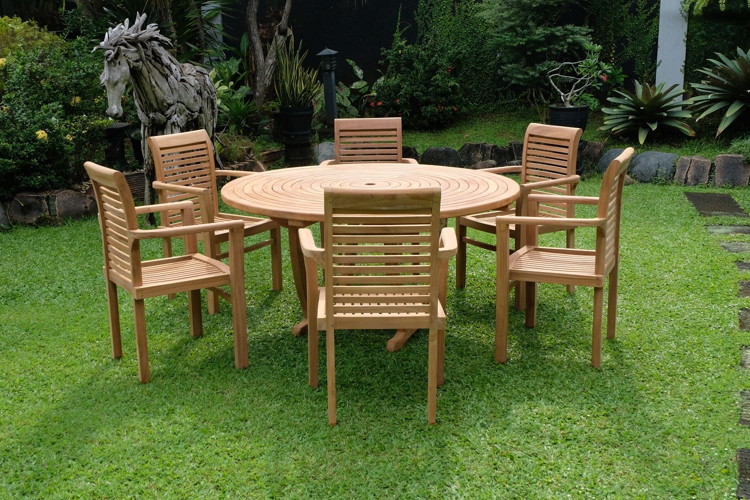 Teak Ripple Round 6 Seater Table 150cm (4cm Thick Top) with 6 Belgrave Stacking Chairs (Garden / Outdoor Dining Set)