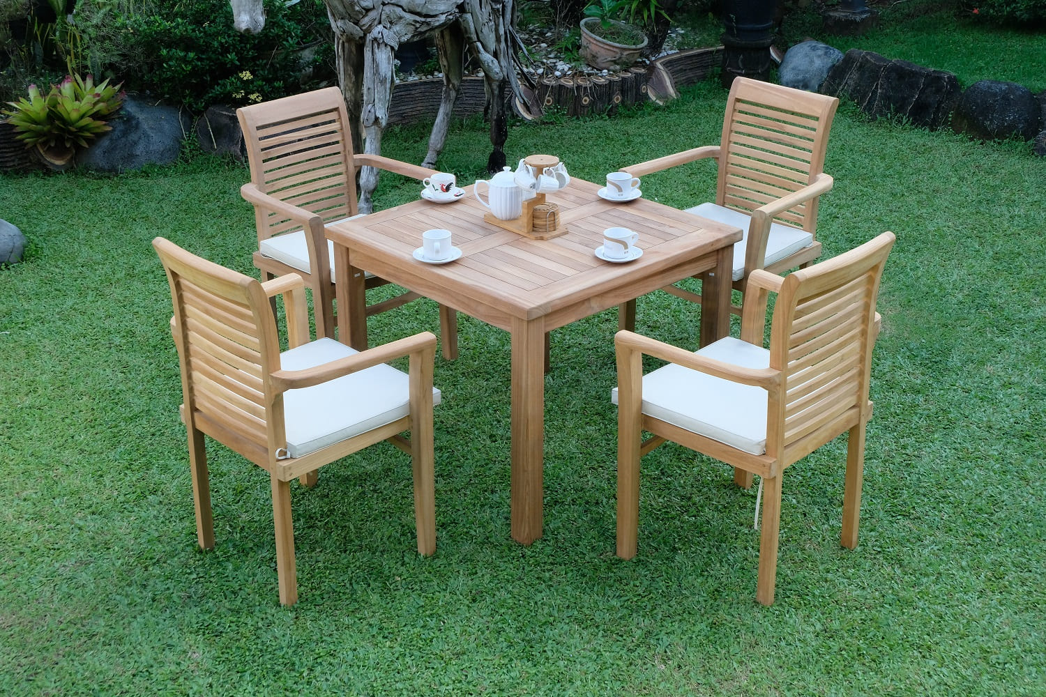 Teak Square 4 Seater Table  90cm (4cm Thick Top) with 4 Belgrave Stacking Chairs (Garden / Outdoor Dining Set)