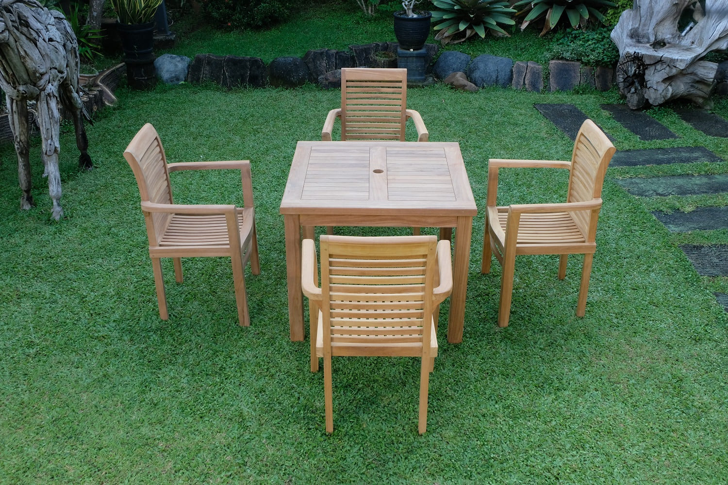 Teak Square 4 Seater Table  90cm (4cm Thick Top) with 4 Belgrave Stacking Chairs (Garden / Outdoor Dining Set)