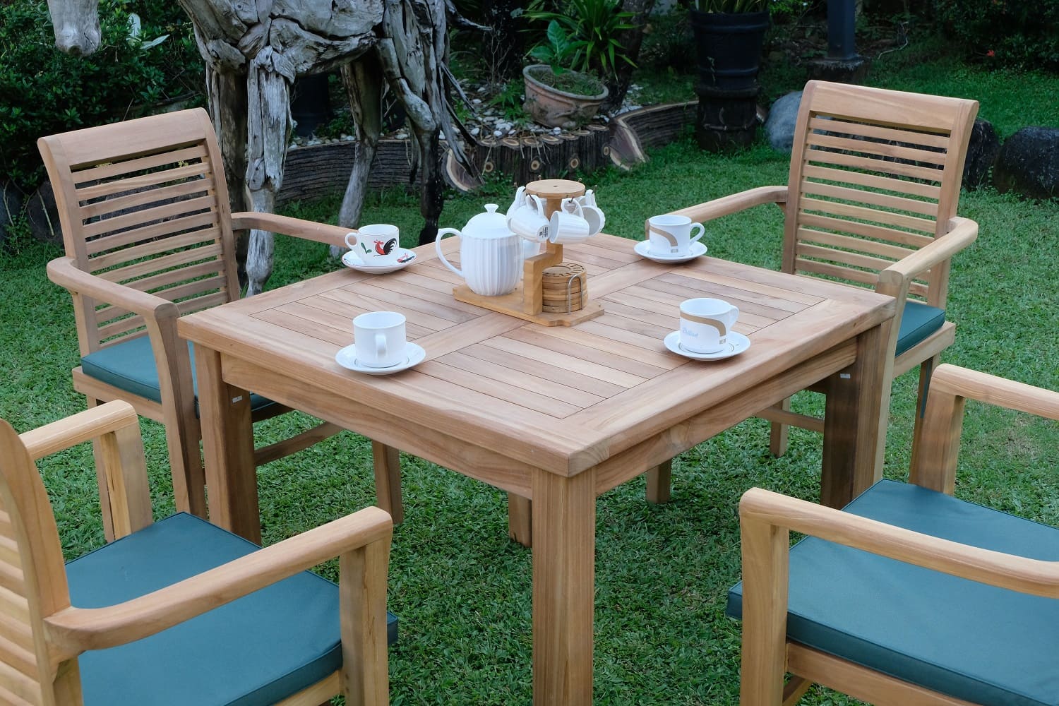Teak Square 4 Seater Table  90cm (4cm Thick Top) with 4 Belgrave Stacking Chairs (Garden / Outdoor Dining Set)