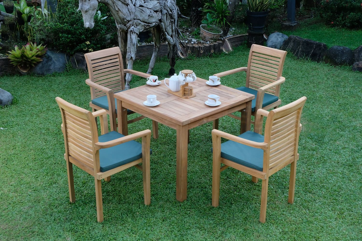 Teak Square 4 Seater Table  90cm (4cm Thick Top) with 4 Belgrave Stacking Chairs (Garden / Outdoor Dining Set)