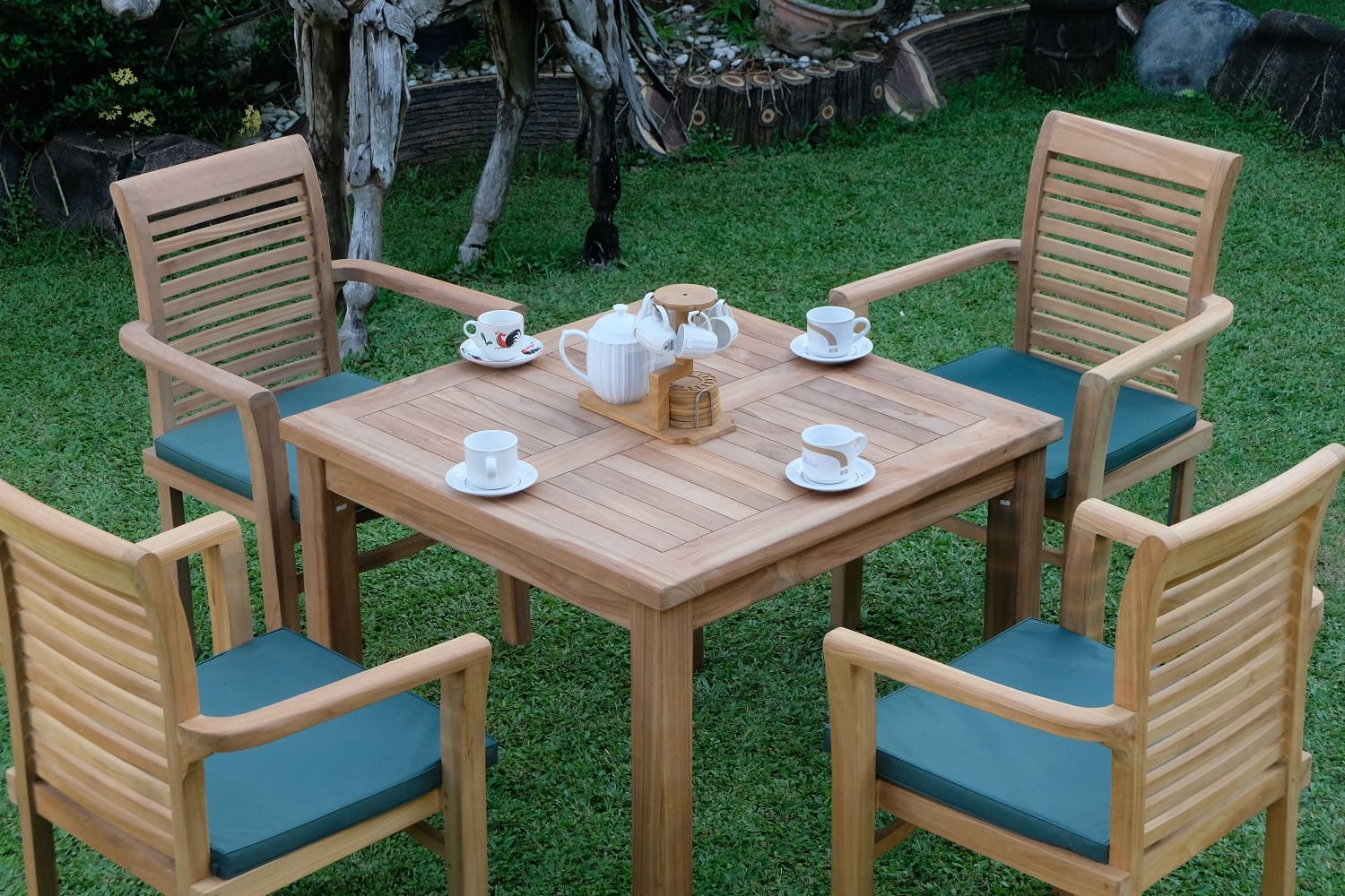 Teak Square 4 Seater Table  90cm (4cm Thick Top) with 4 Belgrave Stacking Chairs (Garden / Outdoor Dining Set)