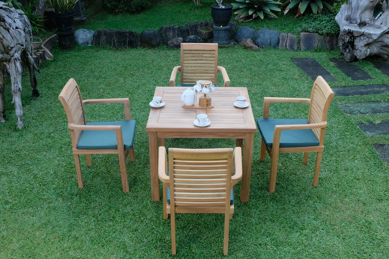 Teak Square 4 Seater Table  90cm (4cm Thick Top) with 4 Belgrave Stacking Chairs (Garden / Outdoor Dining Set)