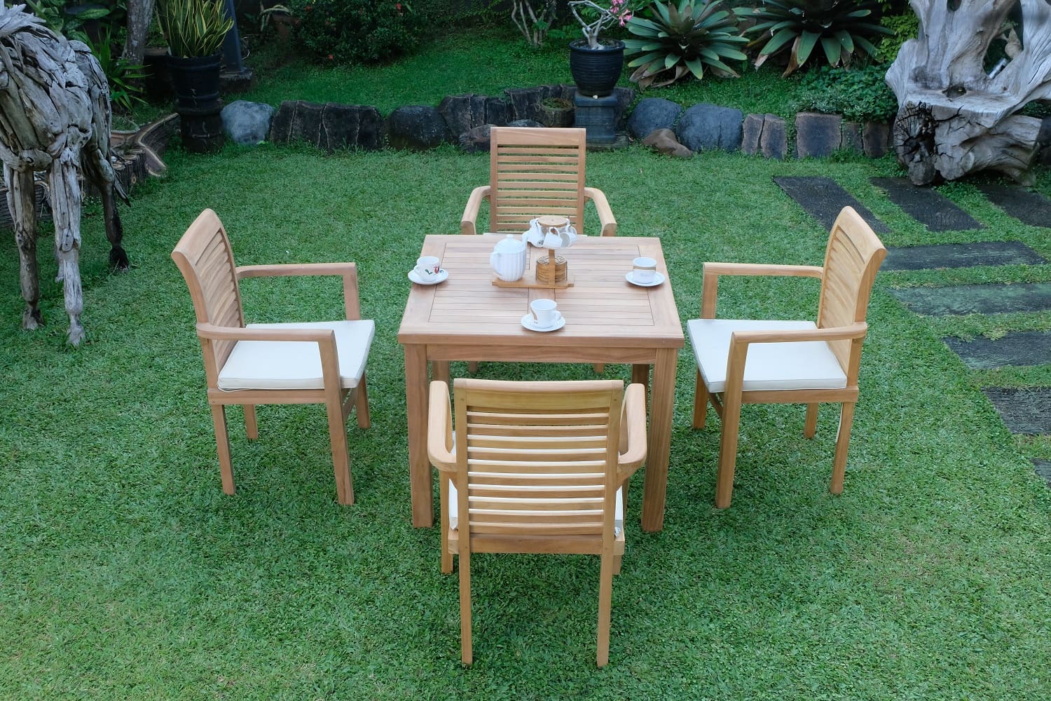 Teak Square 4 Seater Table  90cm (4cm Thick Top) with 4 Belgrave Stacking Chairs (Garden / Outdoor Dining Set)