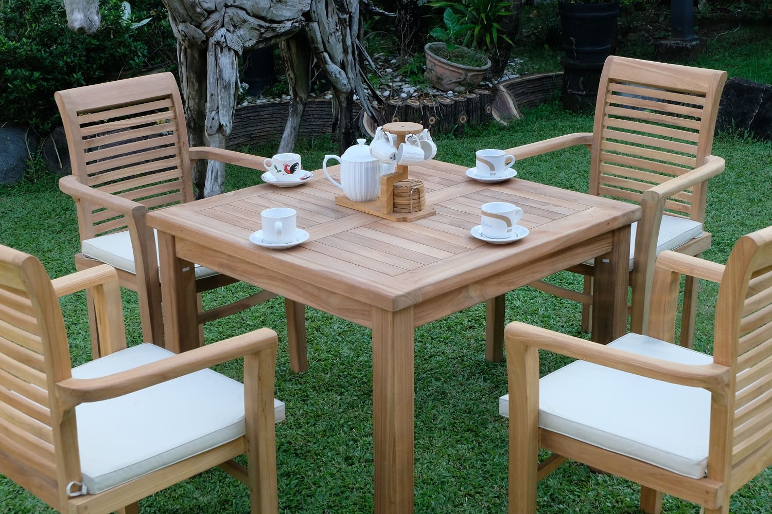Teak Square 4 Seater Table  90cm (4cm Thick Top) with 4 Belgrave Stacking Chairs (Garden / Outdoor Dining Set)