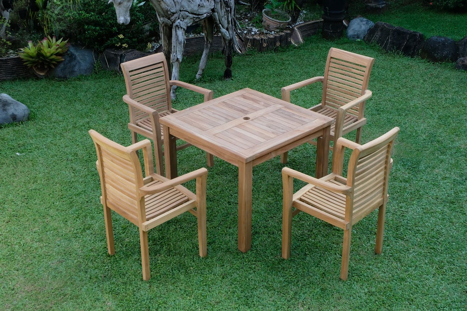 Teak Square 4 Seater Table  90cm (4cm Thick Top) with 4 Belgrave Stacking Chairs (Garden / Outdoor Dining Set)