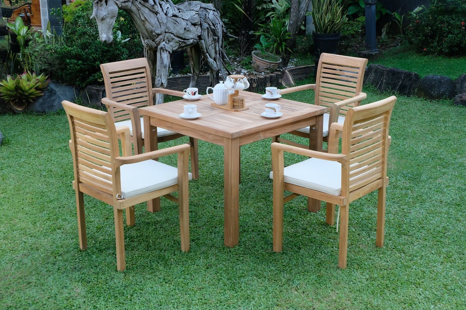 Teak Square 4 Seater Table  90cm (4cm Thick Top) with 4 Belgrave Stacking Chairs (Garden / Outdoor Dining Set)