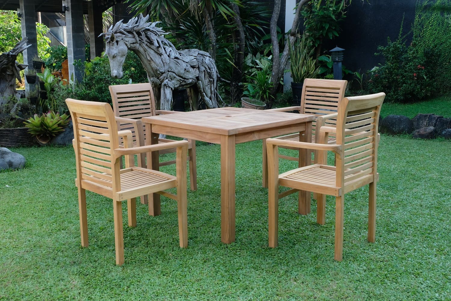 Teak Square 4 Seater Table  90cm (4cm Thick Top) with 4 Belgrave Stacking Chairs (Garden / Outdoor Dining Set)