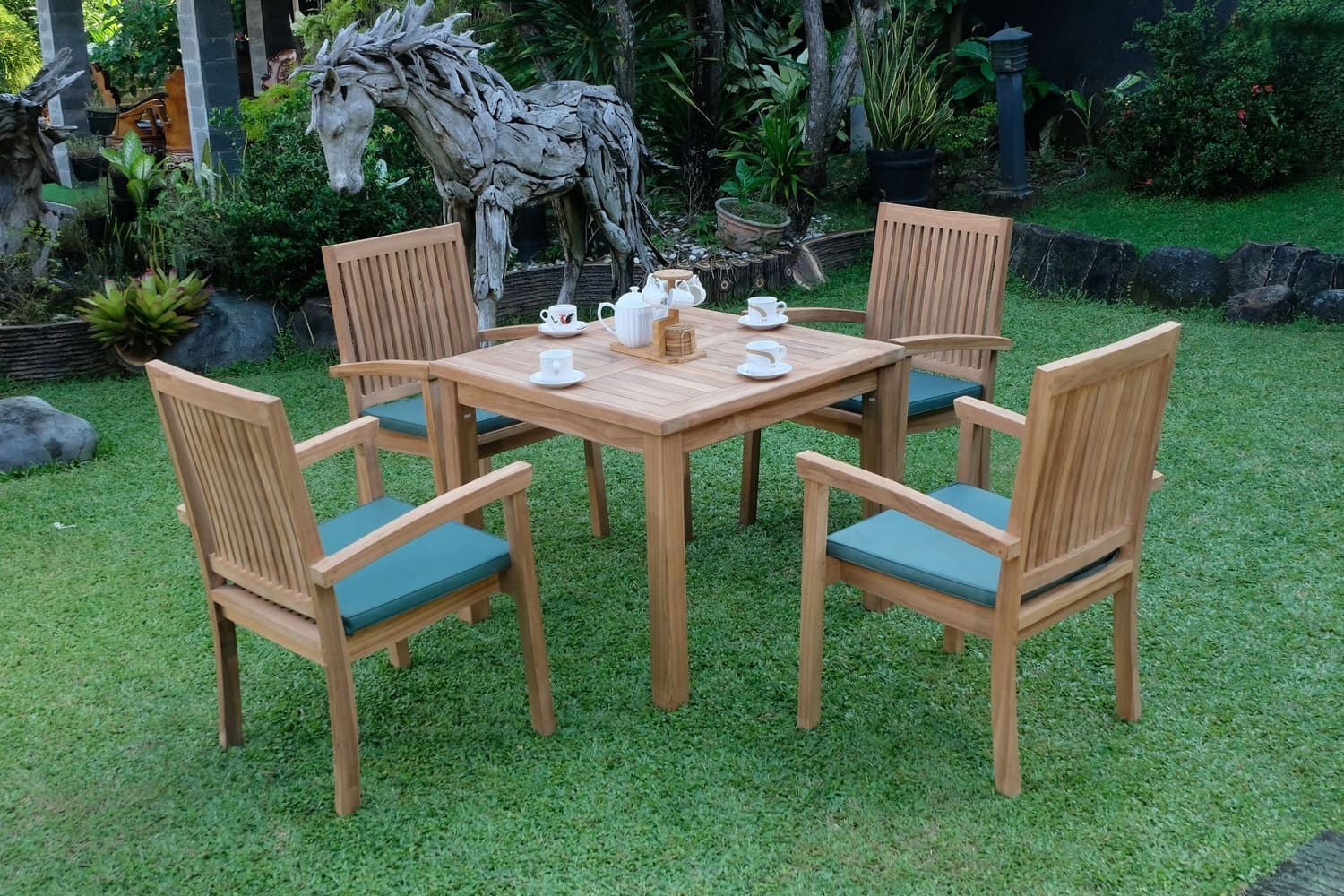 Teak Square 4 Seater Table 90cm (4cm Thick Top) with 4 Burnham Stacking Chairs (Garden / Outdoor Dining Set)