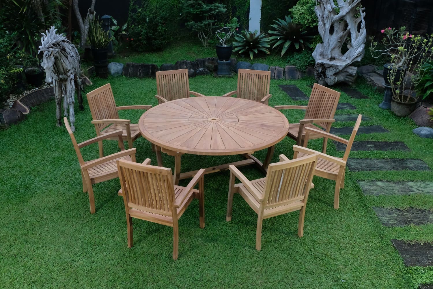 Teak Sunburst Oval 8 Seater Table 180cm (4cm Thick Top) with 8 Burnham Stacking Chairs (Garden / Outdoor Dining Set)