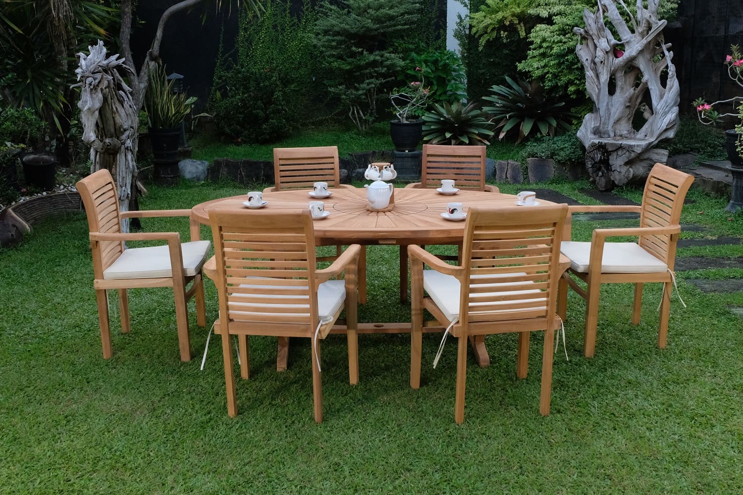 Teak Sunburst Oval 8 Seater Table  200cm (4cm Thick Top) with 6 Belgrave Stacking Chairs (Garden / Outdoor Dining Set)