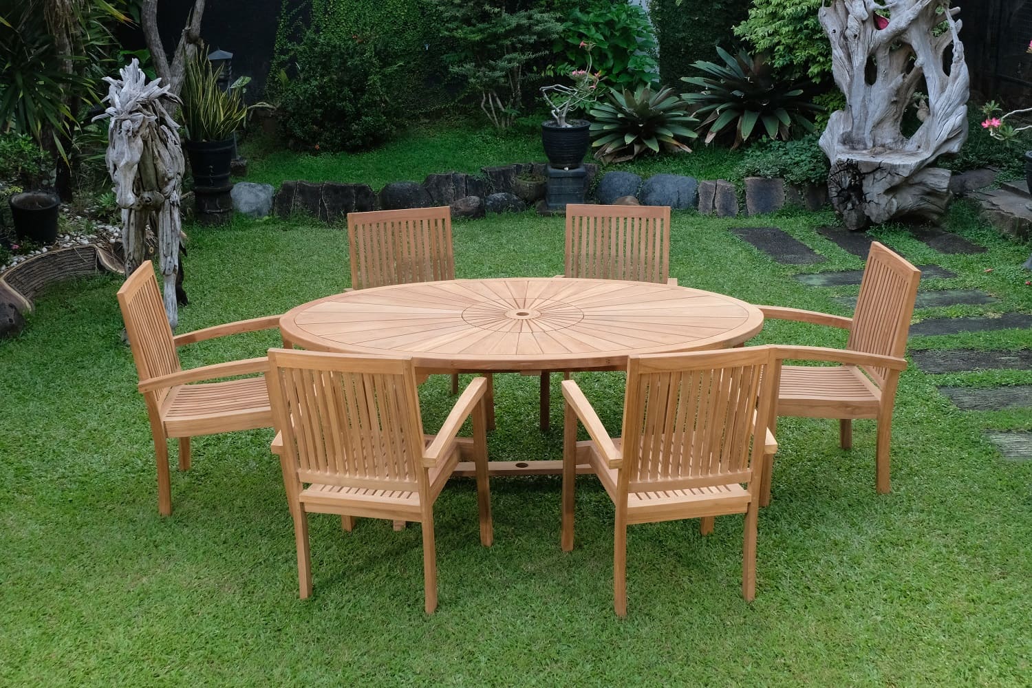 Teak Sunburst Oval 8 Seater Table 200cm (4cm Thick Top) with 6 Burnham Stacking Chairs (Garden / Outdoor Dining Set)