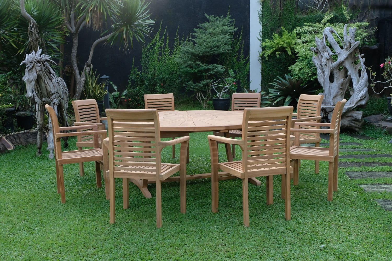 Teak Sunburst Round 8 Seater Table 180cm (4cm Thick Top) with 8 Belgrave Stacking Chairs (Garden / Outdoor Dining Set)