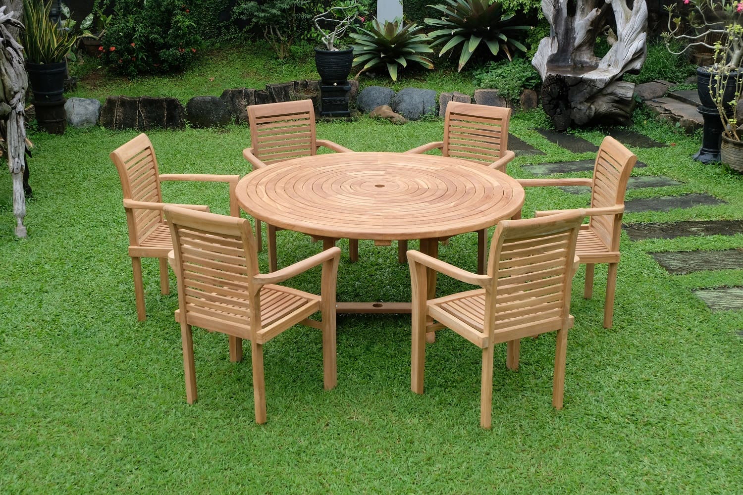 Teak Ripple Round 6 Seater Table 150cm (4cm Thick Top) with 6 Belgrave Stacking Chairs (Garden / Outdoor Dining Set)