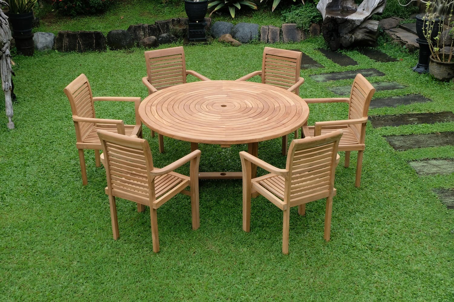 Teak Ripple Round 6 Seater Table 150cm (4cm Thick Top) with 6 Belgrave Stacking Chairs (Garden / Outdoor Dining Set)