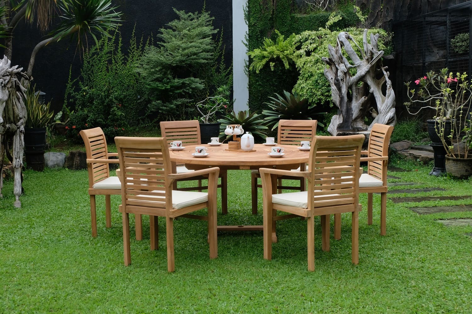 Teak Ripple Round 6 Seater Table 150cm (4cm Thick Top) with 6 Belgrave Stacking Chairs (Garden / Outdoor Dining Set)