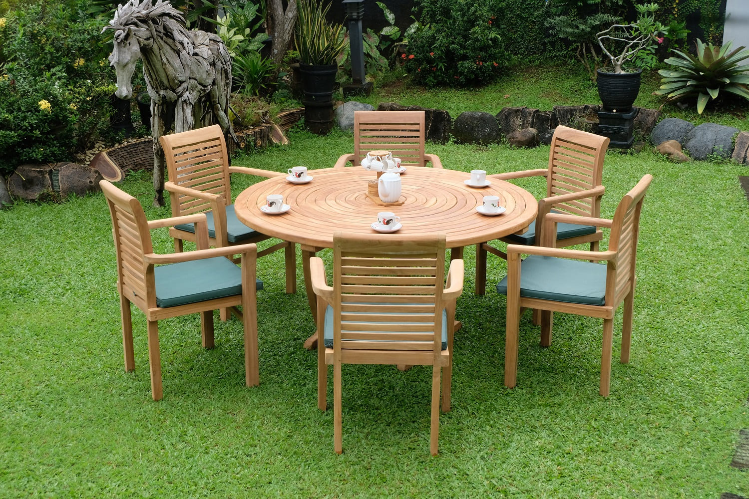 Teak Ripple Round 6 Seater Table 150cm (4cm Thick Top) with 6 Belgrave Stacking Chairs (Garden / Outdoor Dining Set)