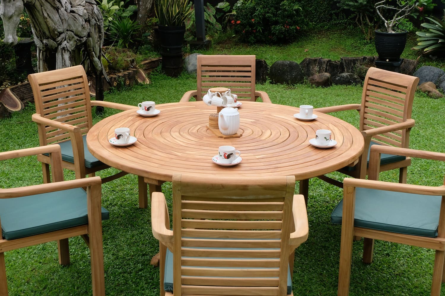 Teak Ripple Round 6 Seater Table 150cm (4cm Thick Top) with 6 Belgrave Stacking Chairs (Garden / Outdoor Dining Set)