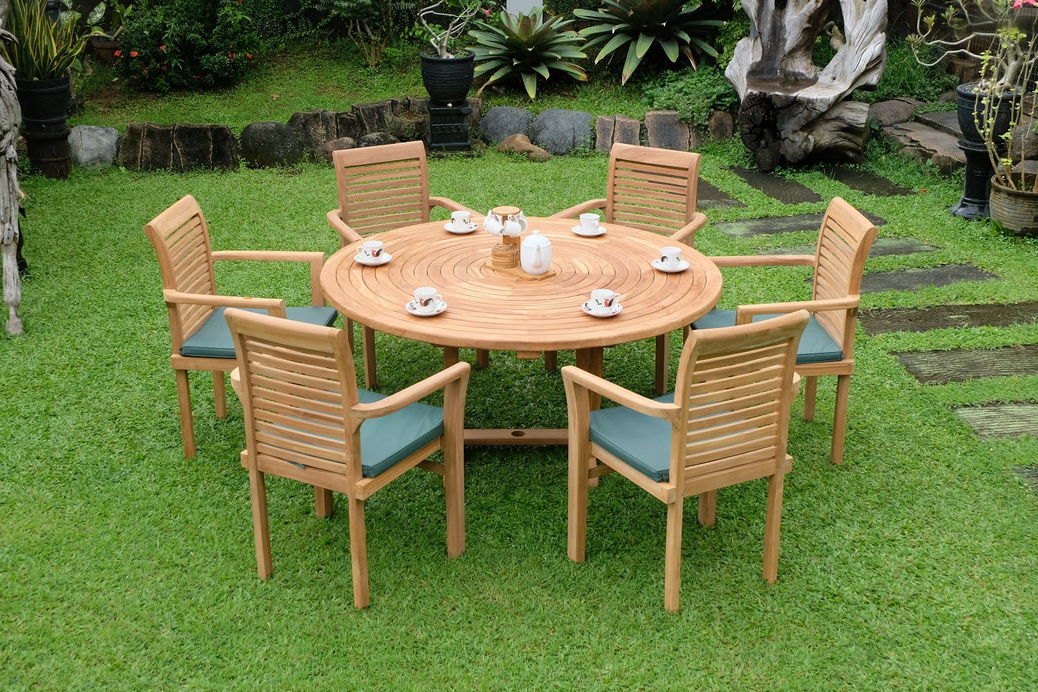 Teak Ripple Round 6 Seater Table 150cm (4cm Thick Top) with 6 Belgrave Stacking Chairs (Garden / Outdoor Dining Set)