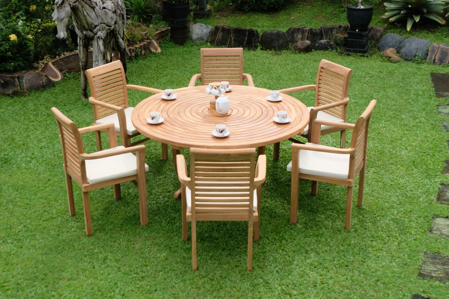 Teak Ripple Round 6 Seater Table 150cm (4cm Thick Top) with 6 Belgrave Stacking Chairs (Garden / Outdoor Dining Set)