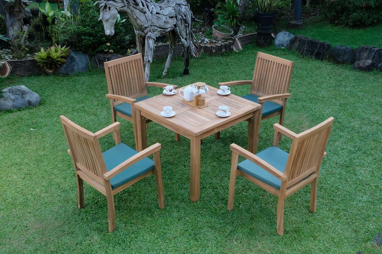 Teak Square 4 Seater Table 90cm (4cm Thick Top) with 4 Burnham Stacking Chairs (Garden / Outdoor Dining Set)