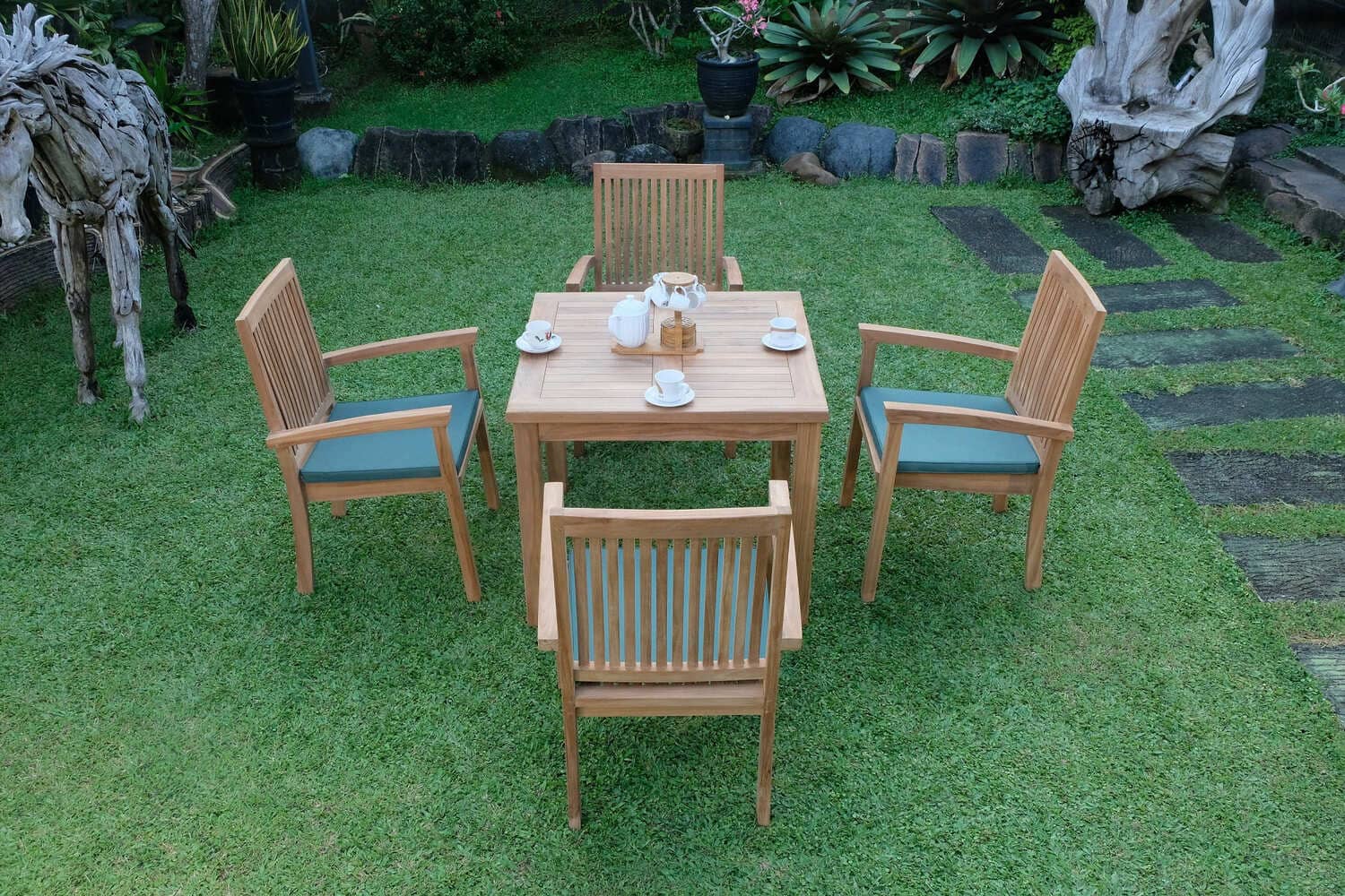 Teak Square 4 Seater Table 90cm (4cm Thick Top) with 4 Burnham Stacking Chairs (Garden / Outdoor Dining Set)
