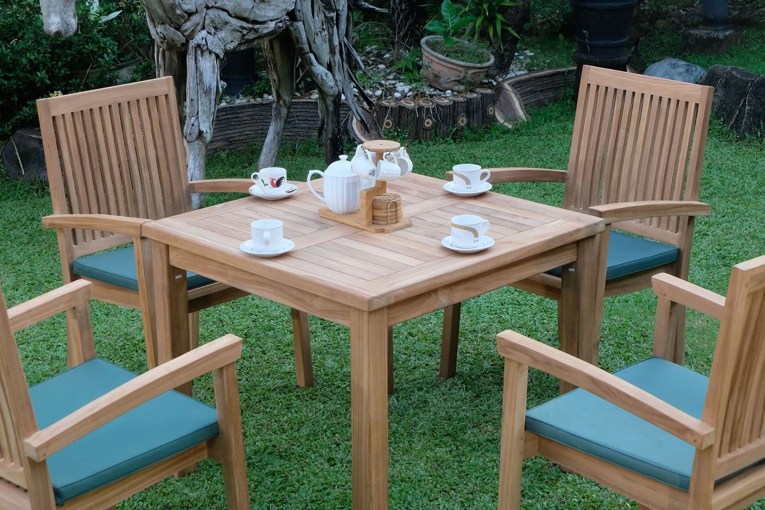 Teak Square 4 Seater Table 90cm (4cm Thick Top) with 4 Burnham Stacking Chairs (Garden / Outdoor Dining Set)