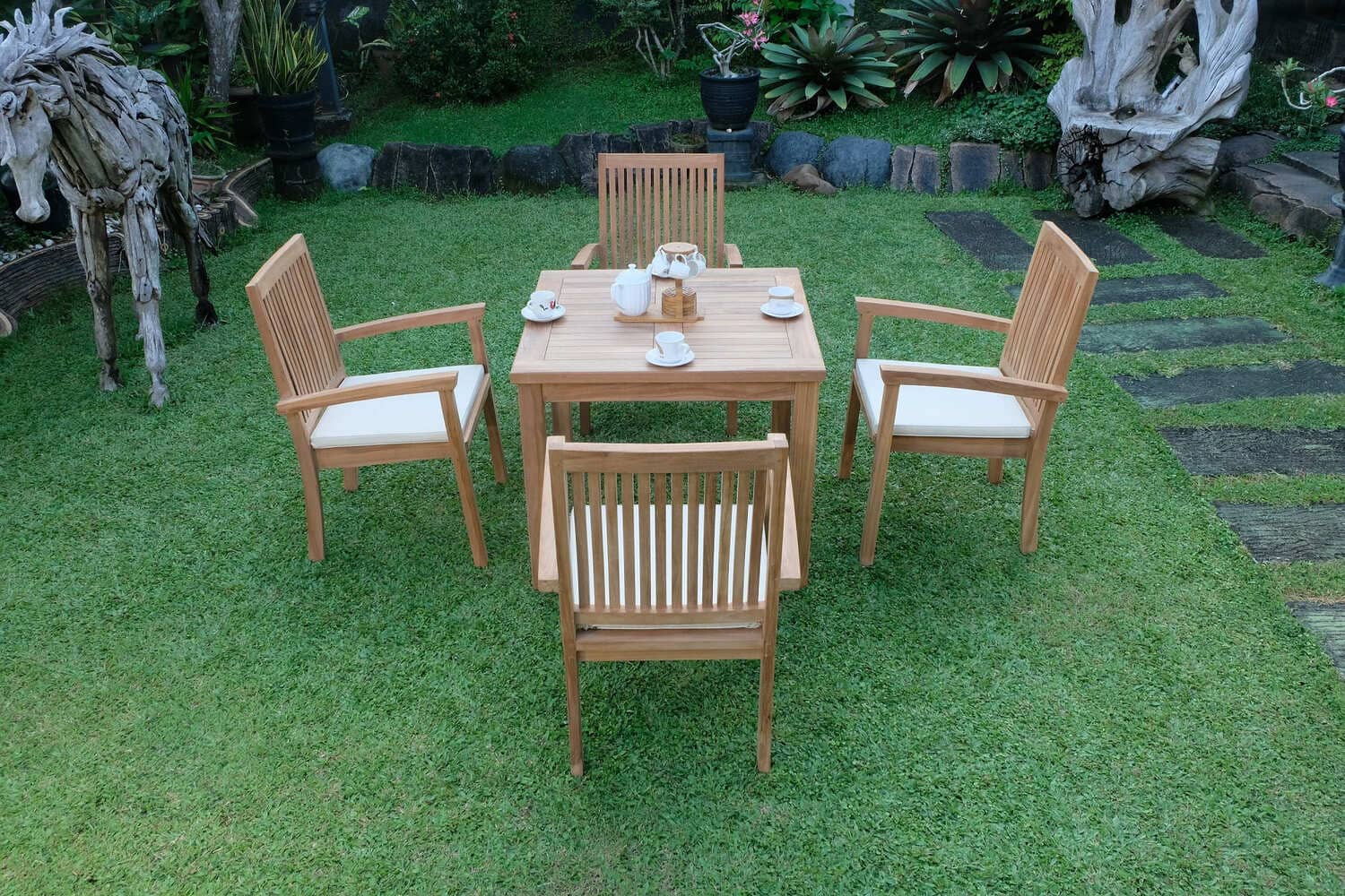 Teak Square 4 Seater Table 90cm (4cm Thick Top) with 4 Burnham Stacking Chairs (Garden / Outdoor Dining Set)