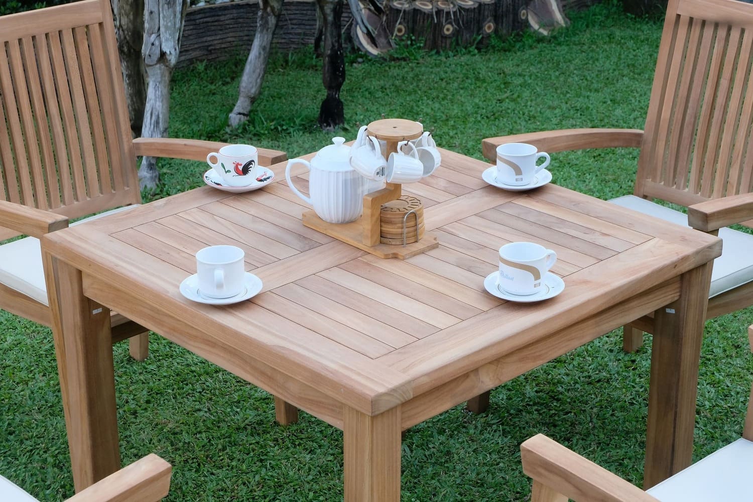 Teak Square 4 Seater Table 90cm (4cm Thick Top) with 4 Burnham Stacking Chairs (Garden / Outdoor Dining Set)
