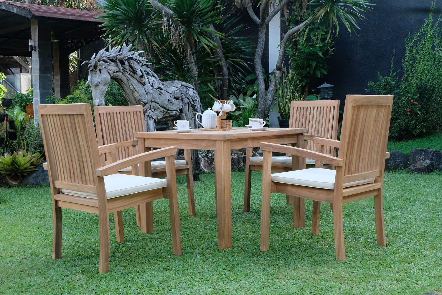 Teak Square 4 Seater Table 90cm (4cm Thick Top) with 4 Burnham Stacking Chairs (Garden / Outdoor Dining Set)
