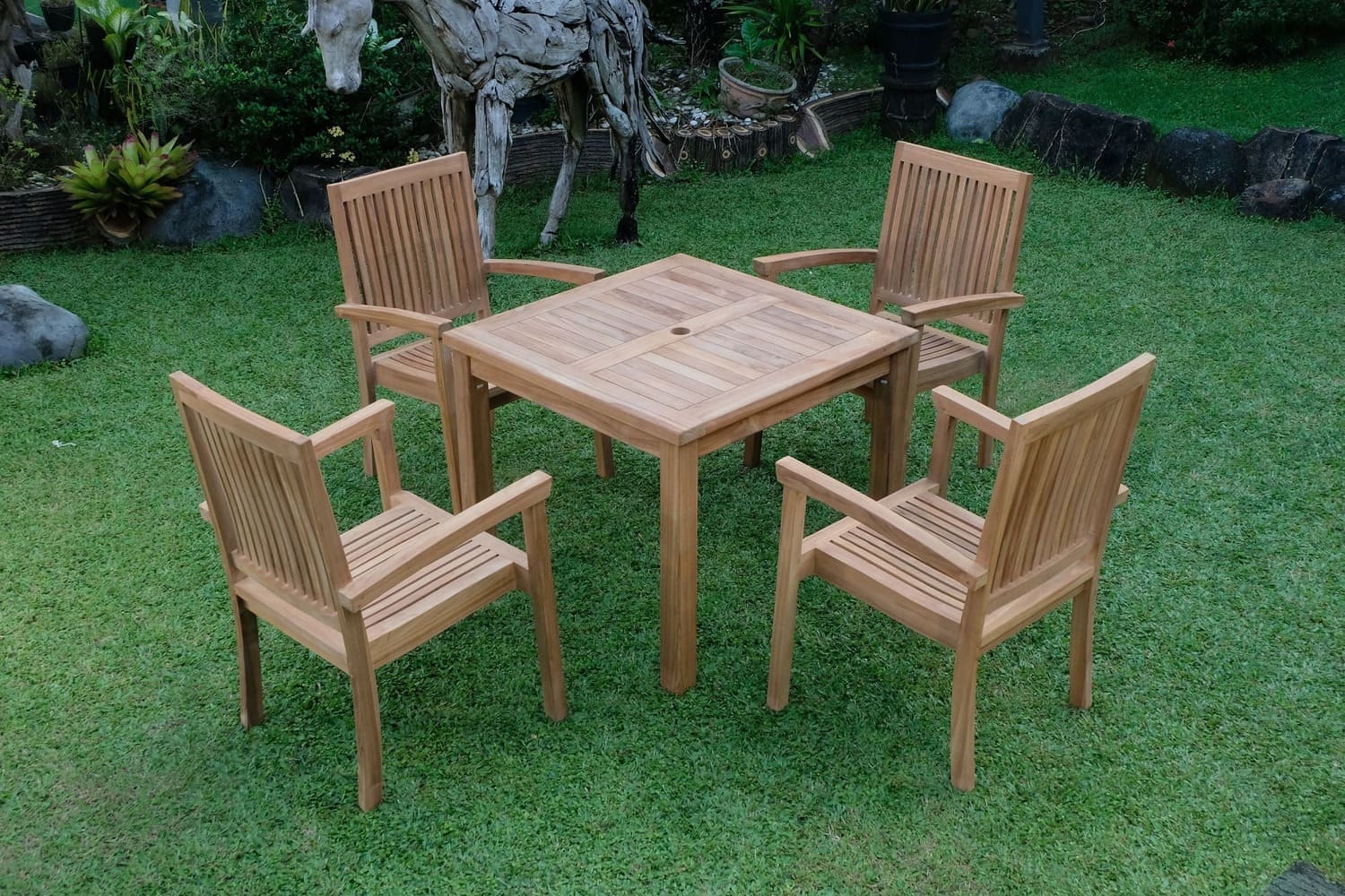 Teak Square 4 Seater Table 90cm (4cm Thick Top) with 4 Burnham Stacking Chairs (Garden / Outdoor Dining Set)
