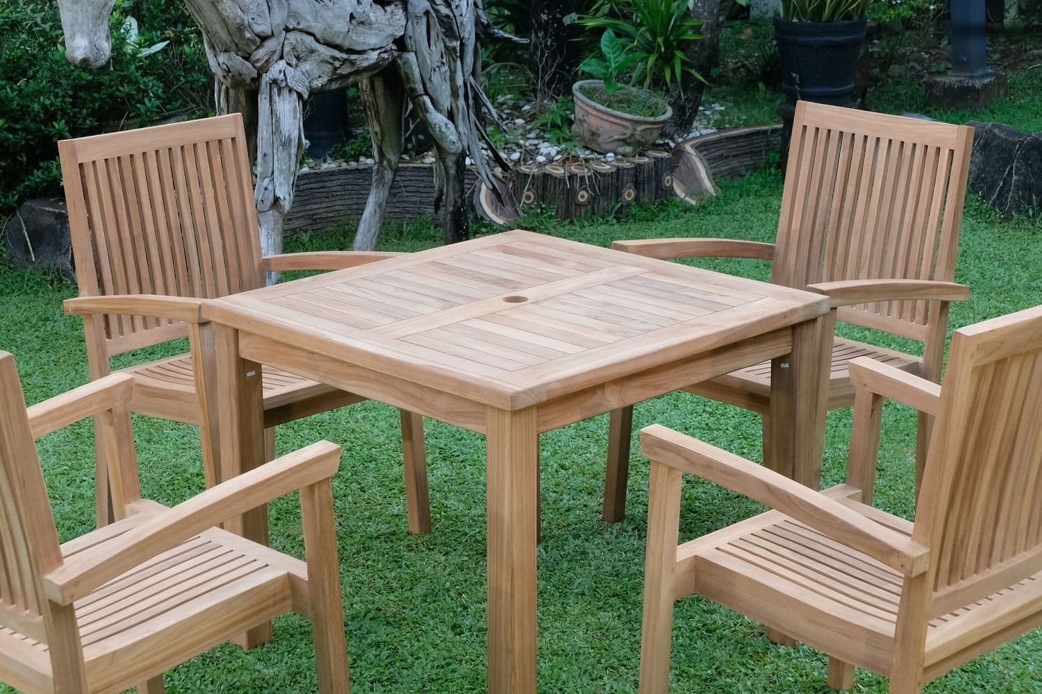 Teak Square 4 Seater Table 90cm (4cm Thick Top) with 4 Burnham Stacking Chairs (Garden / Outdoor Dining Set)