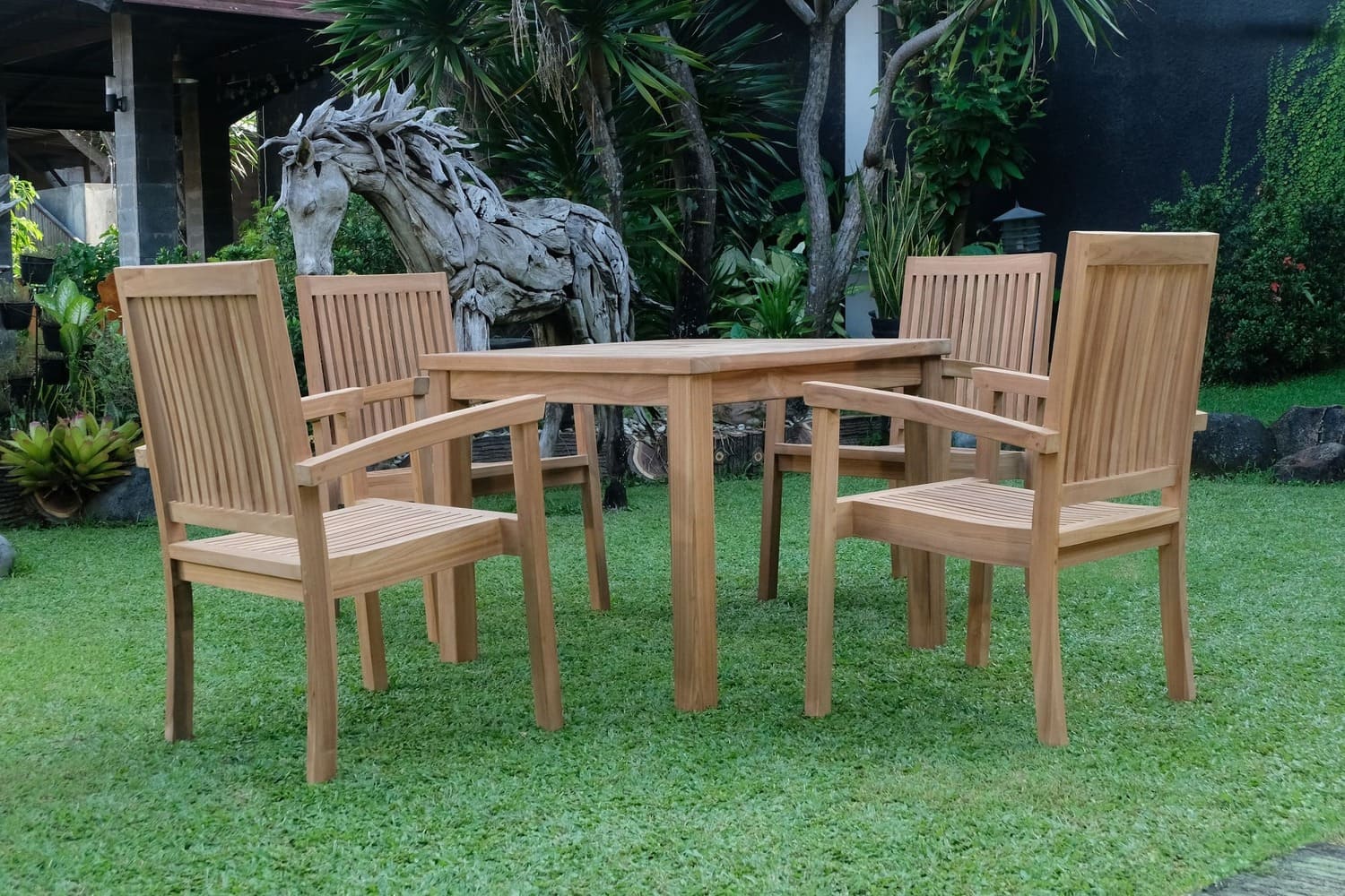 Teak Square 4 Seater Table 90cm (4cm Thick Top) with 4 Burnham Stacking Chairs (Garden / Outdoor Dining Set)