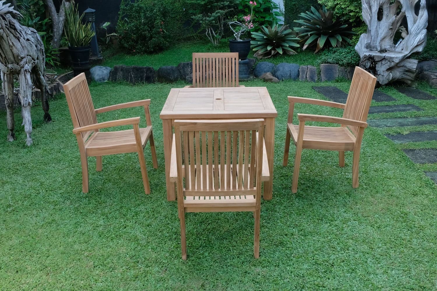 Teak Square 4 Seater Table 90cm (4cm Thick Top) with 4 Burnham Stacking Chairs (Garden / Outdoor Dining Set)