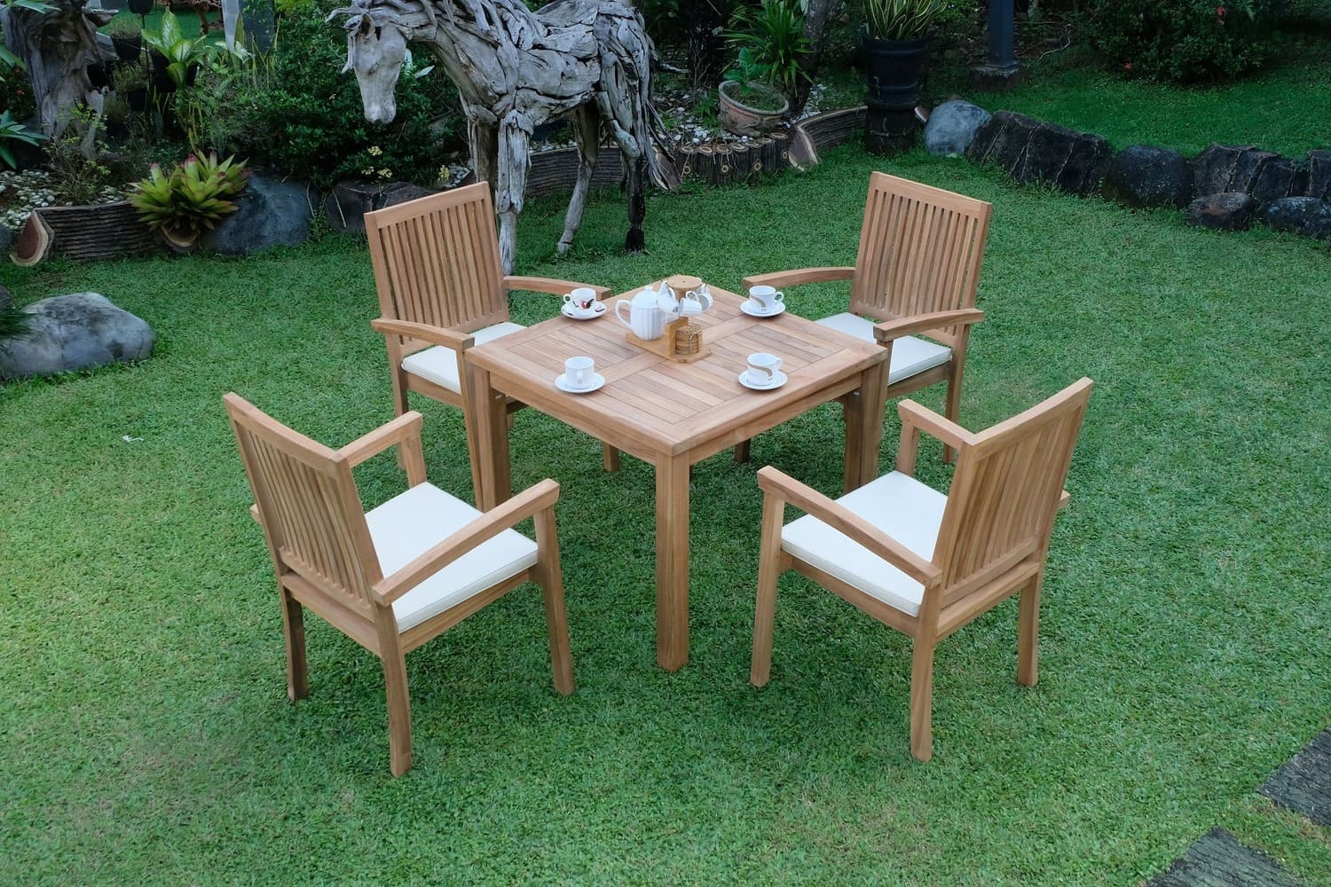 Teak Square 4 Seater Table 90cm (4cm Thick Top) with 4 Burnham Stacking Chairs (Garden / Outdoor Dining Set)