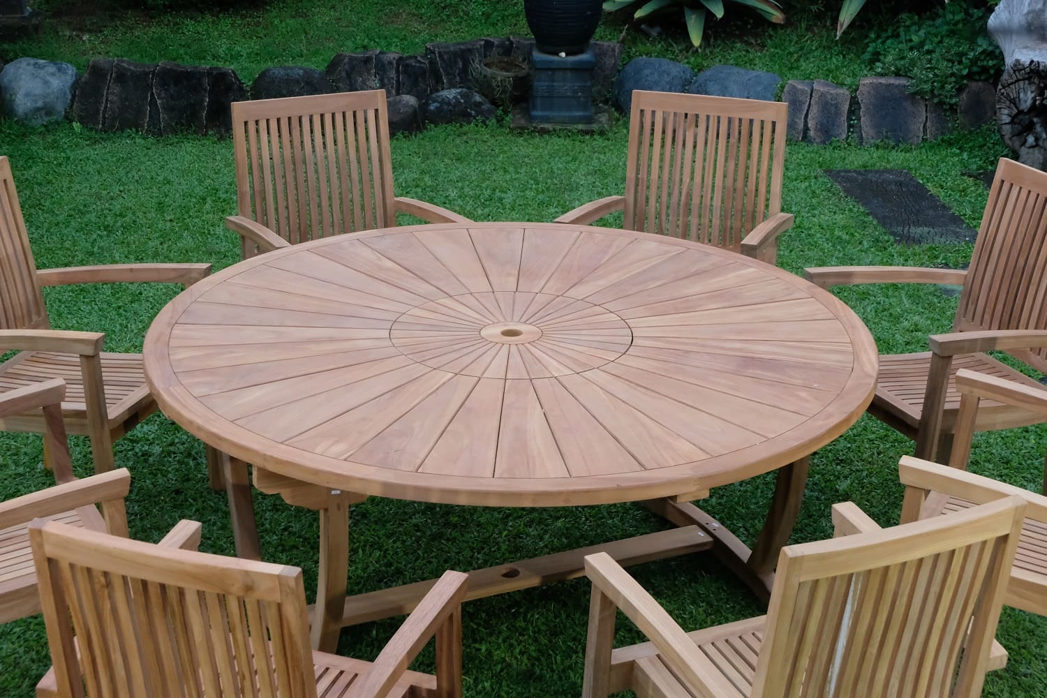 Teak Sunburst Oval 8 Seater Table 180cm (4cm Thick Top) with 8 Burnham Stacking Chairs (Garden / Outdoor Dining Set)