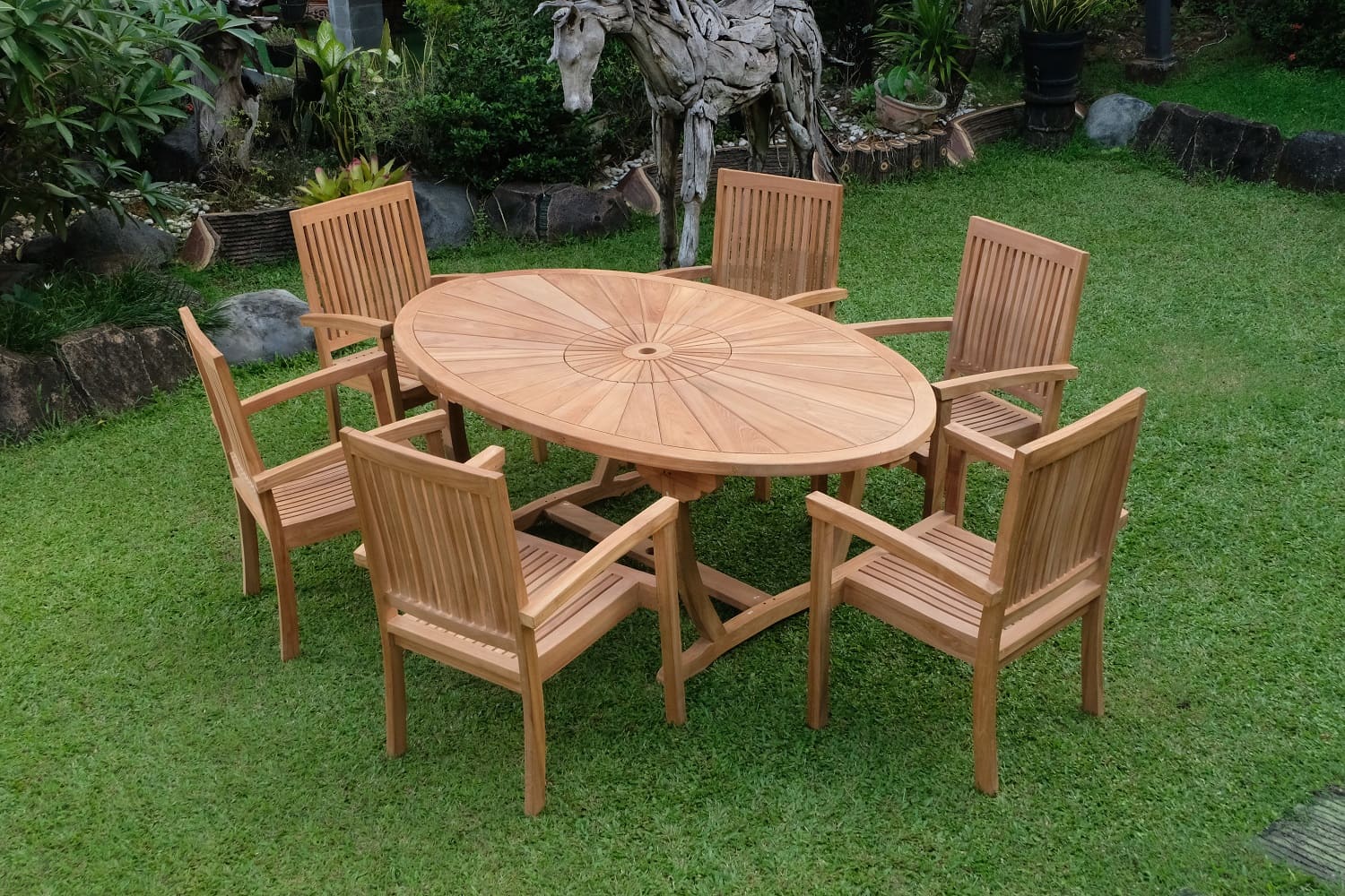 Teak Sunburst Oval 8 Seater Table 200cm (4cm Thick Top) with 6 Burnham Stacking Chairs (Garden / Outdoor Dining Set)