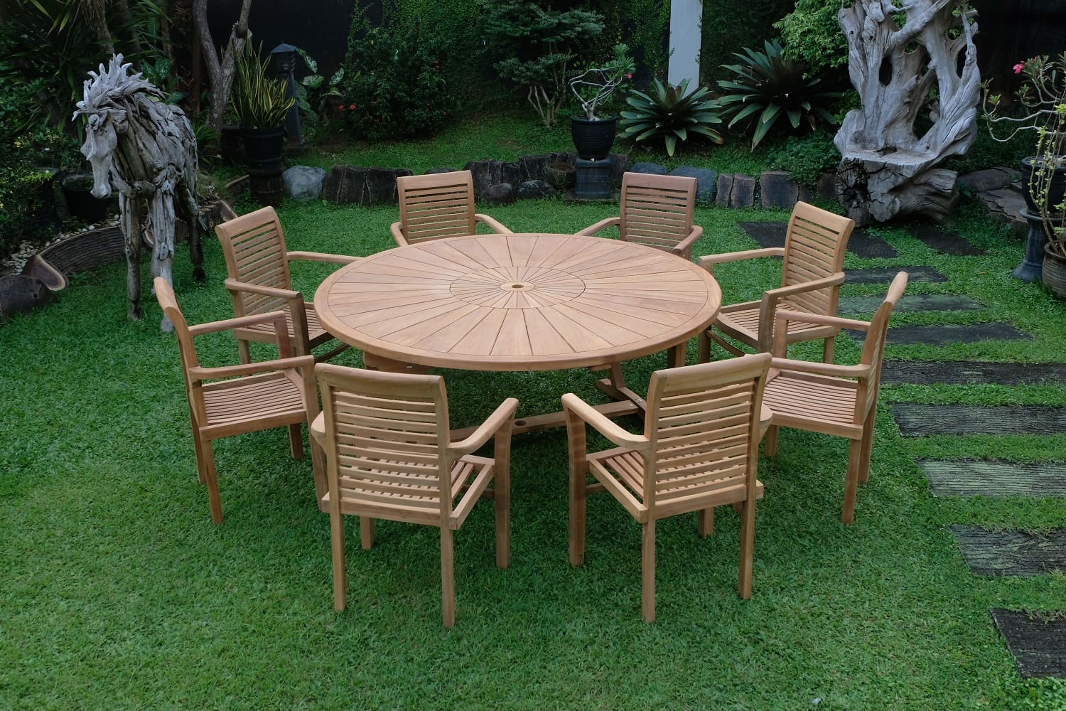 Teak Sunburst Round 8 Seater Table 180cm (4cm Thick Top) with 8 Belgrave Stacking Chairs (Garden / Outdoor Dining Set)