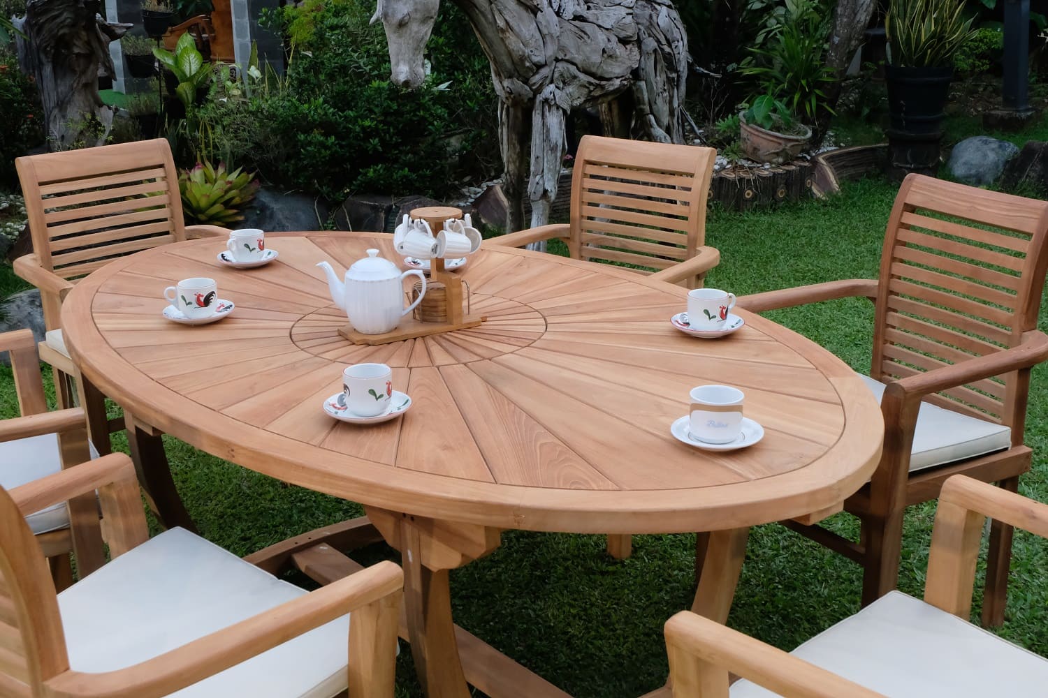 Teak Sunburst Oval 8 Seater Table  200cm (4cm Thick Top) with 6 Belgrave Stacking Chairs (Garden / Outdoor Dining Set)
