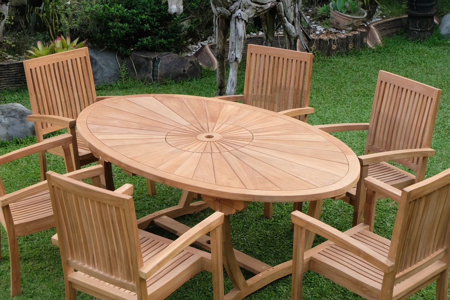 Teak Sunburst Oval 8 Seater Table 200cm (4cm Thick Top) with 6 Burnham Stacking Chairs (Garden / Outdoor Dining Set)