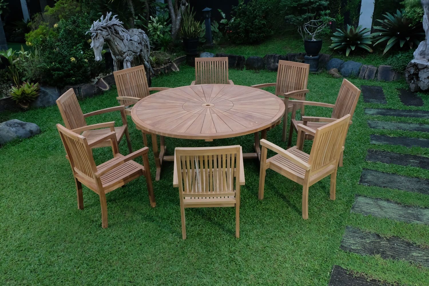 Teak Sunburst Oval 8 Seater Table 180cm (4cm Thick Top) with 8 Burnham Stacking Chairs (Garden / Outdoor Dining Set)