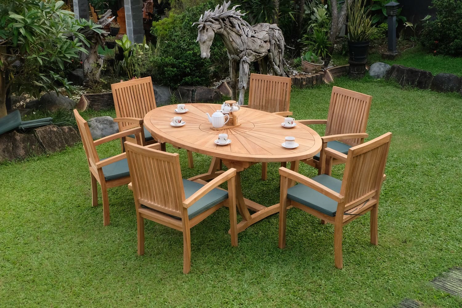 Teak Sunburst Oval 8 Seater Table 200cm (4cm Thick Top) with 6 Burnham Stacking Chairs (Garden / Outdoor Dining Set)
