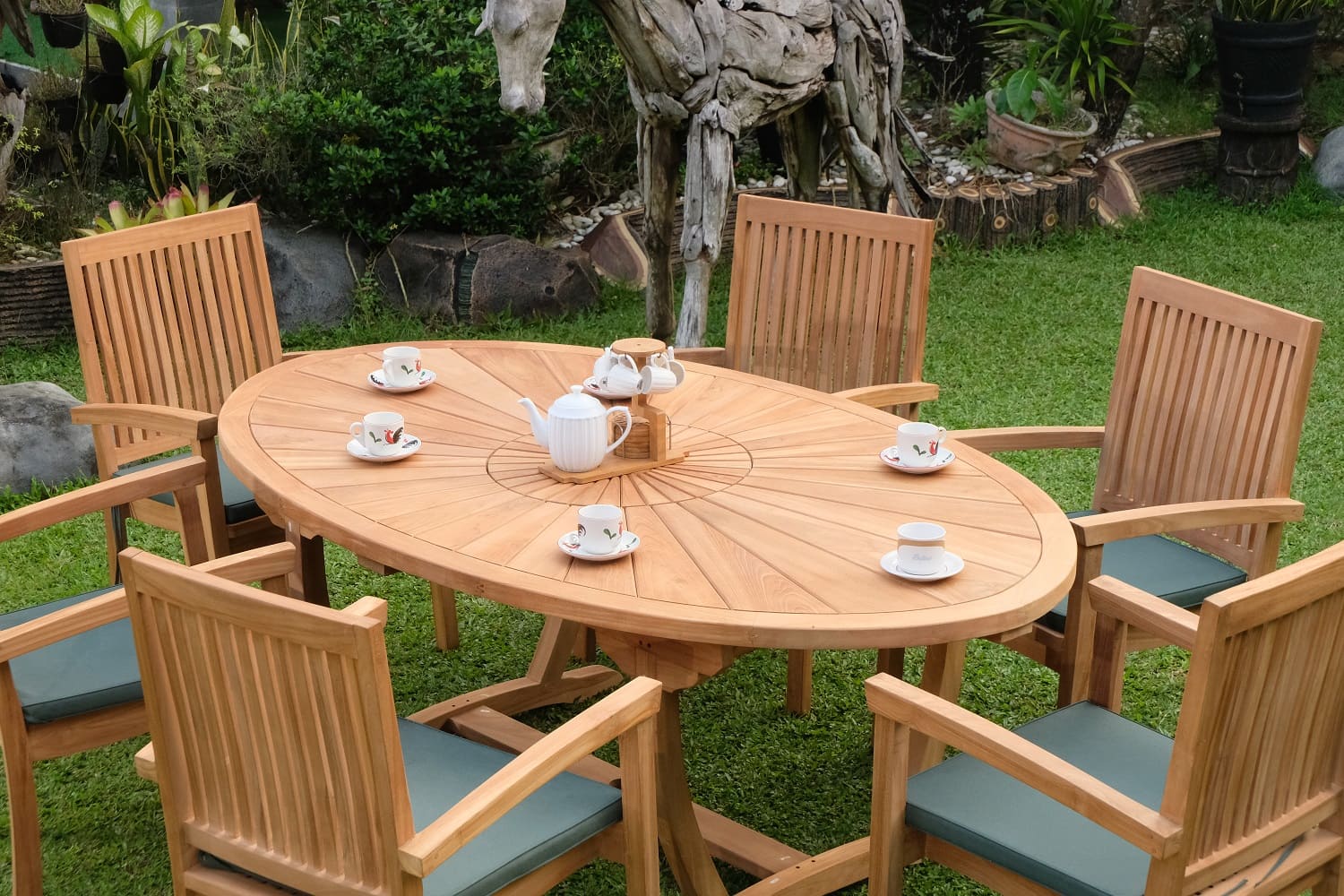 Teak Sunburst Oval 8 Seater Table 200cm (4cm Thick Top) with 6 Burnham Stacking Chairs (Garden / Outdoor Dining Set)