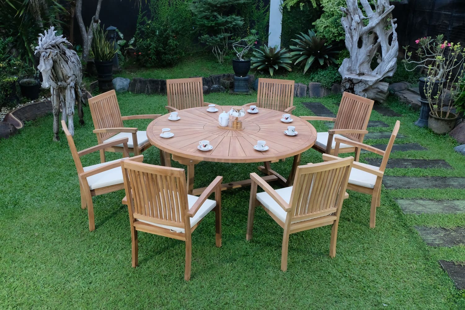 Teak Sunburst Oval 8 Seater Table 180cm (4cm Thick Top) with 8 Burnham Stacking Chairs (Garden / Outdoor Dining Set)