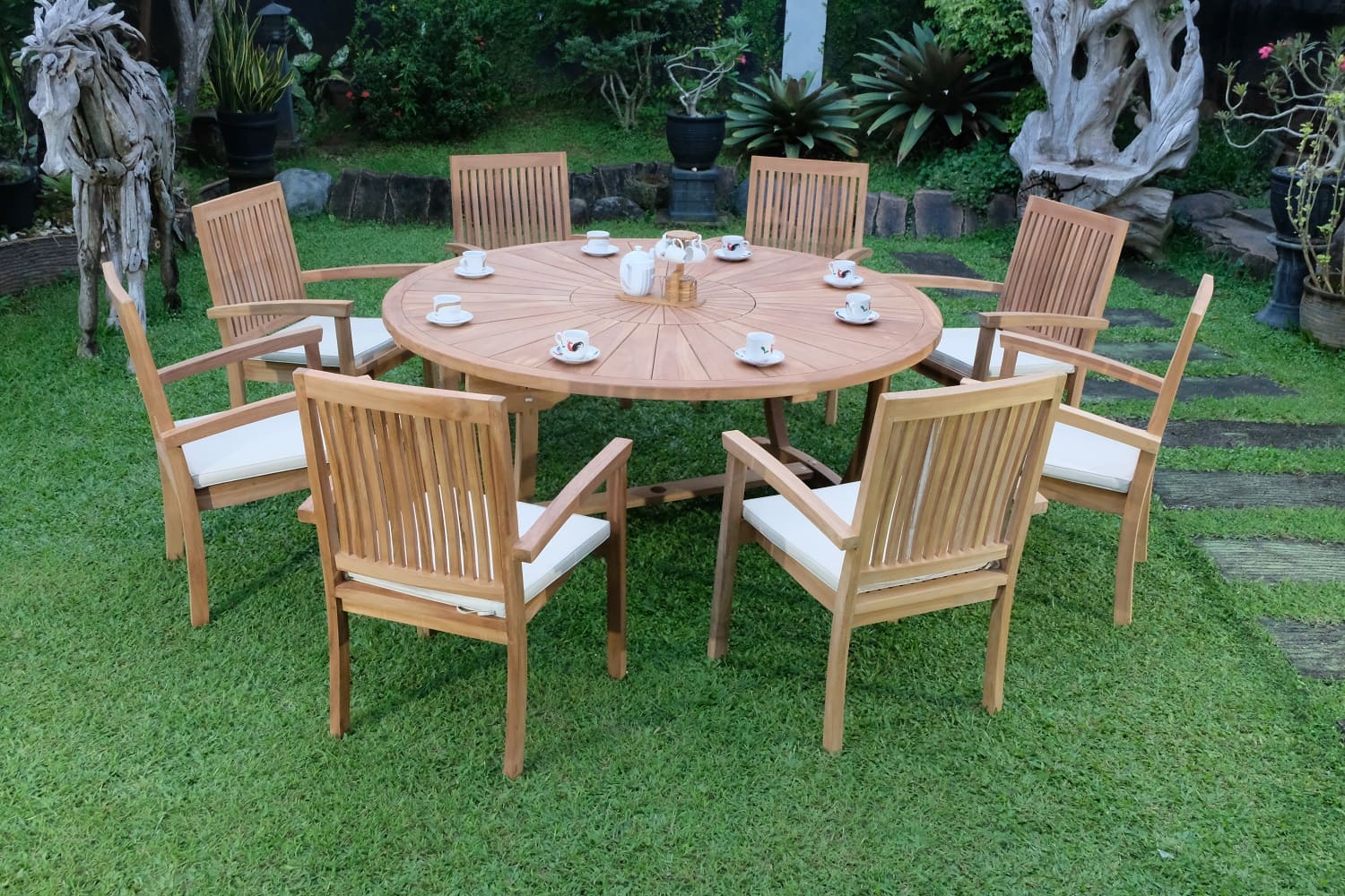 Teak Sunburst Oval 8 Seater Table 180cm (4cm Thick Top) with 8 Burnham Stacking Chairs (Garden / Outdoor Dining Set)